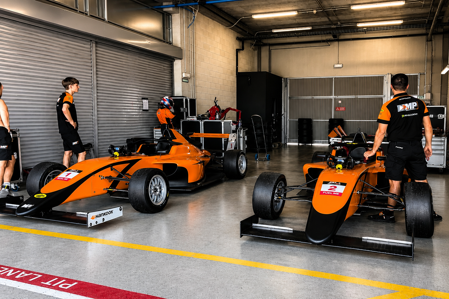 Monoplazas preparados en boxes durante una jornada de test de automovilismo.